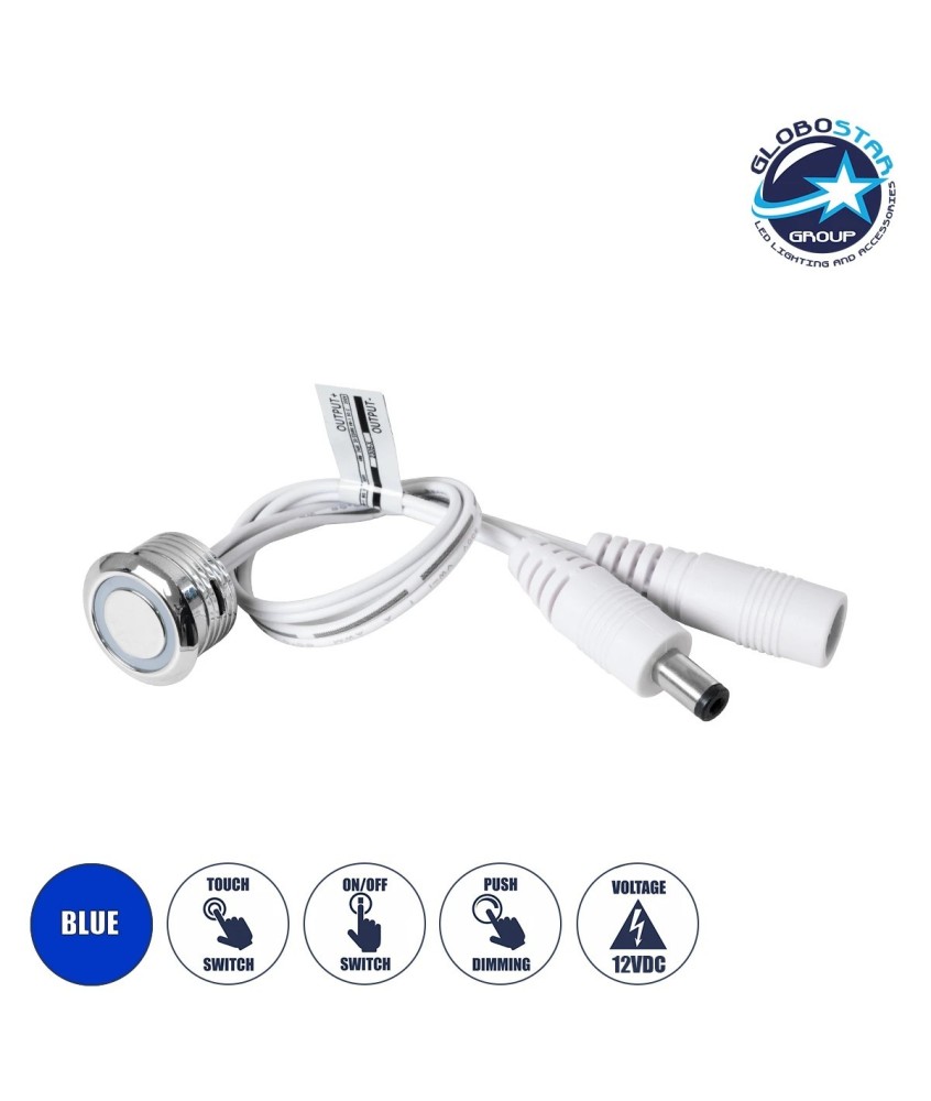 GLOBOSTAR® BUTTON 70793 Φωτιζόμενος Χωνευτός Διακόπτης Αφής On-Off & Push Dimming LED DC 12-24V 1 x 4A 96W Max IP20 Μπλε - Μ2 x Π2 x Υ1.2cm - 2 Χρόνια Εγγύηση